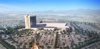 Aerial rendering of Hard Rock Hotel & Casino Tejon showing parking lot, giant guitar sign, and resort exterior