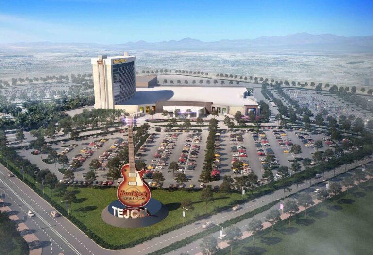 Aerial rendering of Hard Rock Hotel & Casino Tejon showing parking lot, giant guitar sign, and resort exterior