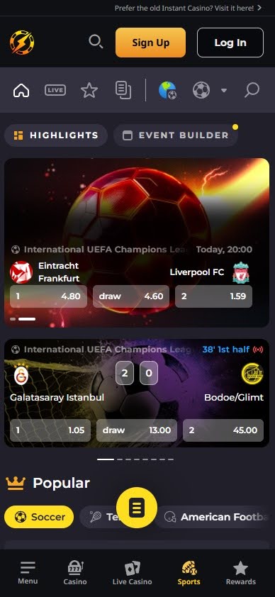 Instant Casino sports betting NZ page for placing bets