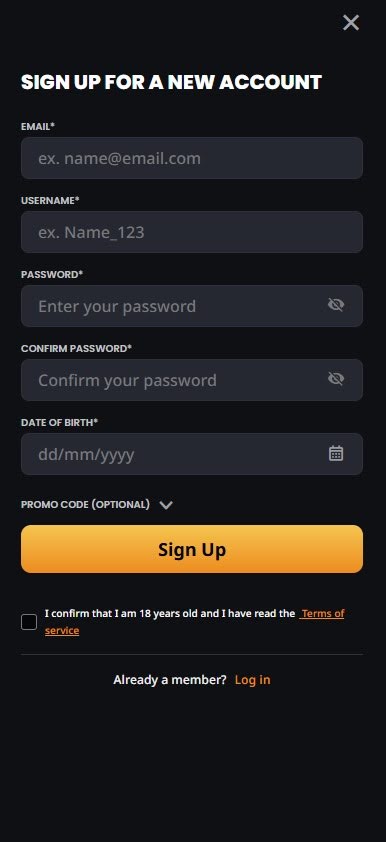 Instant Casino signup screen