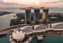 Aerial view of a landmark waterfront resort complex with high-rise towers and unique architectural design.