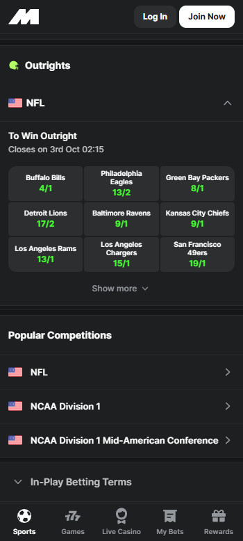Midnite NFL betting page