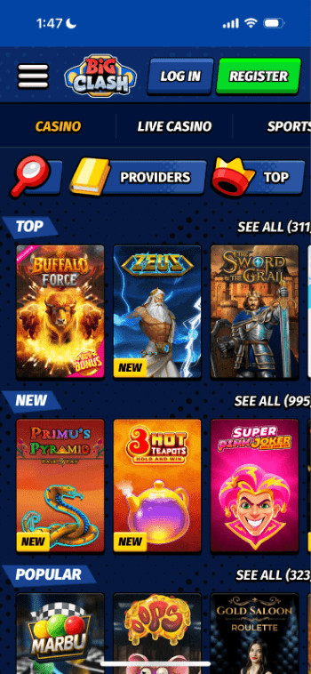 Big Clash Casino games screen