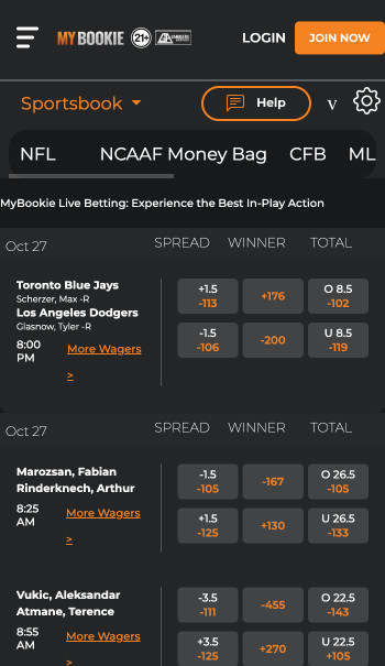 MyBookie live betting interface