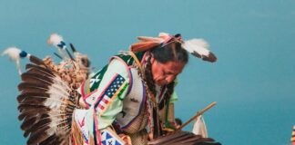 Traditional Native American dancer performing in ceremonial regalia, symbolizing tribal heritage and sovereignty