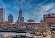 Providence skyline view with downtown buildings and riverfront in Rhode Island