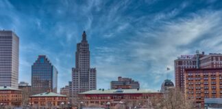 Providence skyline view with downtown buildings and riverfront in Rhode Island