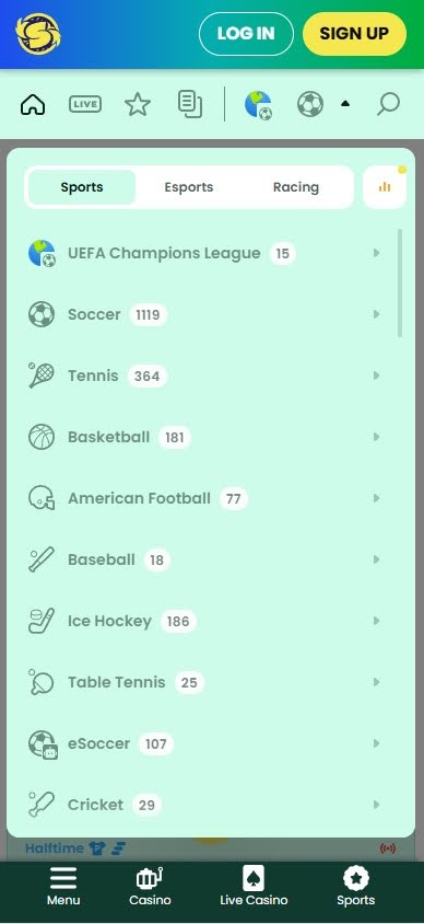 Samba Slots sports options screenshot