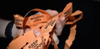 Close-up of raffle tickets symbolizing sweepstakes prizes