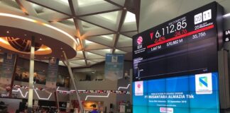 A stock exchange trading floor with a large digital display board showing IDX Composite index figures, surrounded by people and media cameras.