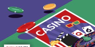 Top 10 Gambling Movies: Classics, Thrillers & Crowd-Pleasers Illustration of casino-themed movie elements, including poker chips, playing cards, a roulette wheel, dice, popcorn, and 3D glasses on a film poster labeled “CASINO”