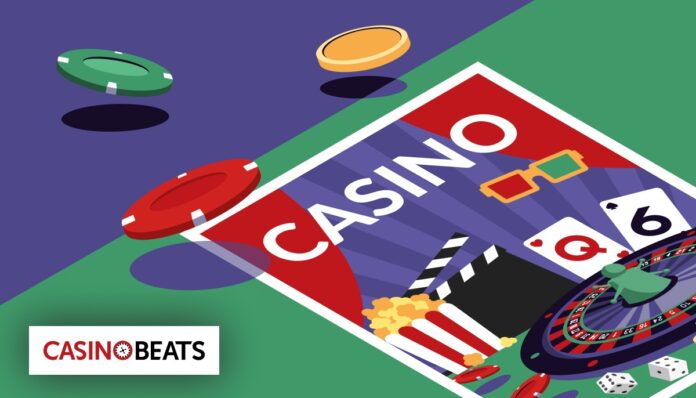 10 Gambling Movies You Can’t Miss. From Classics to Fan Favorites Illustration of casino-themed movie elements, including poker chips, playing cards, a roulette wheel, dice, popcorn, and 3D glasses on a film poster labeled “CASINO”