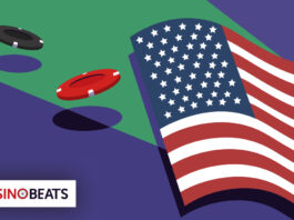 Is Online Casino Gambling Legal in the U.S.? 2025 State-by-State Law Tracker An illustration of a waving American flag on a green background with two casino chips, one red and one black