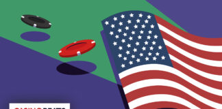 Is Online Casino Gambling Legal in the U.S.? 2025 State-by-State Law Tracker An illustration of a waving American flag on a green background with two casino chips, one red and one black