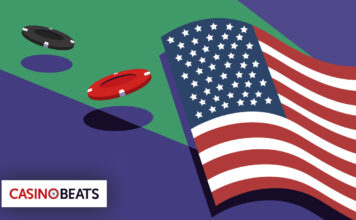 An illustration of a waving American flag on a green background with two casino chips, one red and one black