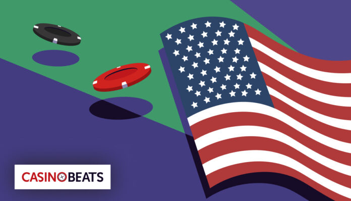 2025 U.S. Online Casino Gambling Legality A State-by-State Overview An illustration of a waving American flag on a green background with two casino chips, one red and one black