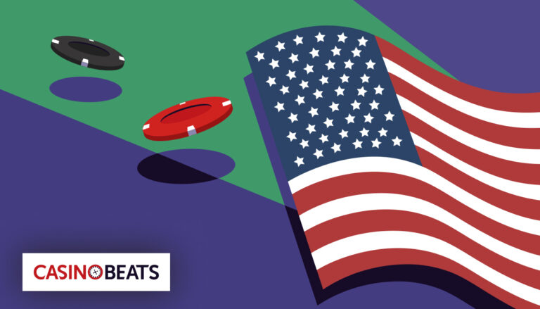 An illustration of a waving American flag on a green background with two casino chips, one red and one black