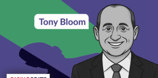 Illustration of a smiling man in a suit on a purple and green background. Text reads "Tony Bloom"