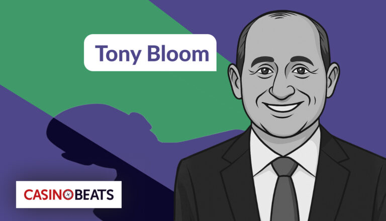 Illustration of a smiling man in a suit on a purple and green background. Text reads "Tony Bloom"