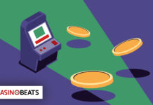 An illustration of an arcade machine with flying coins representing arcade-style casino gaming