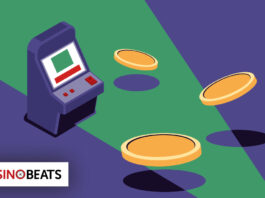 An illustration of an arcade machine with flying coins representing arcade-style casino gaming