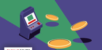 An illustration of an arcade machine with flying coins representing arcade-style casino gaming