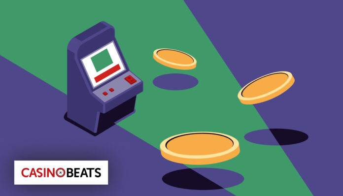 An illustration of an arcade machine with flying coins representing arcade-style casino gaming