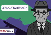 Illustration of Arnold Rothstein wearing a suit, tie, and fedora, shown beside a shadowy figure silhouette on a geometric green and purple background