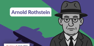 Illustration of Arnold Rothstein wearing a suit, tie, and fedora, shown beside a shadowy figure silhouette on a geometric green and purple background