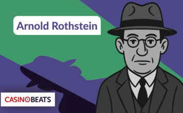 Illustration of Arnold Rothstein wearing a suit, tie, and fedora, shown beside a shadowy figure silhouette on a geometric green and purple background