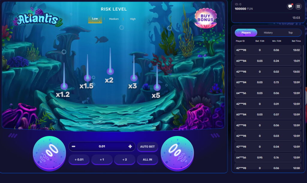 An underwater gameplay layout showing rising multipliers in the Atlantis arcade-style casino game