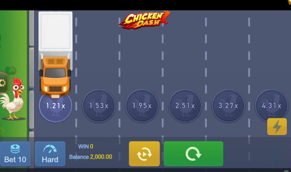 A running-lane multiplier screen from the Chicken Dash arcade-style casino game