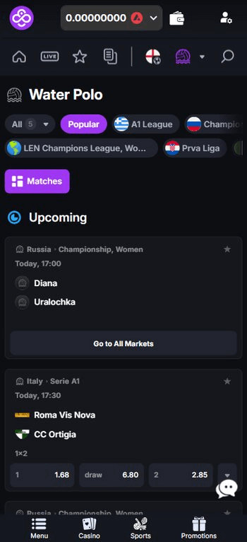 CoinCasino Water Polo Betting Markets