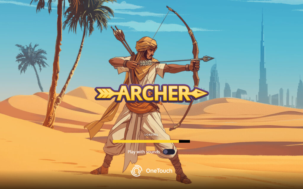 A loading screen showing a bow-wielding archer in the desert for the Archer arcade-style casino game