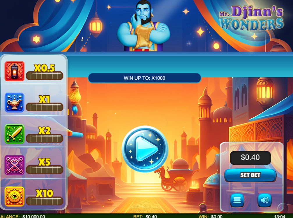 A vibrant game menu featuring a genie character and multipliers in the Mr. Djinn’s Wonders arcade-style casino game