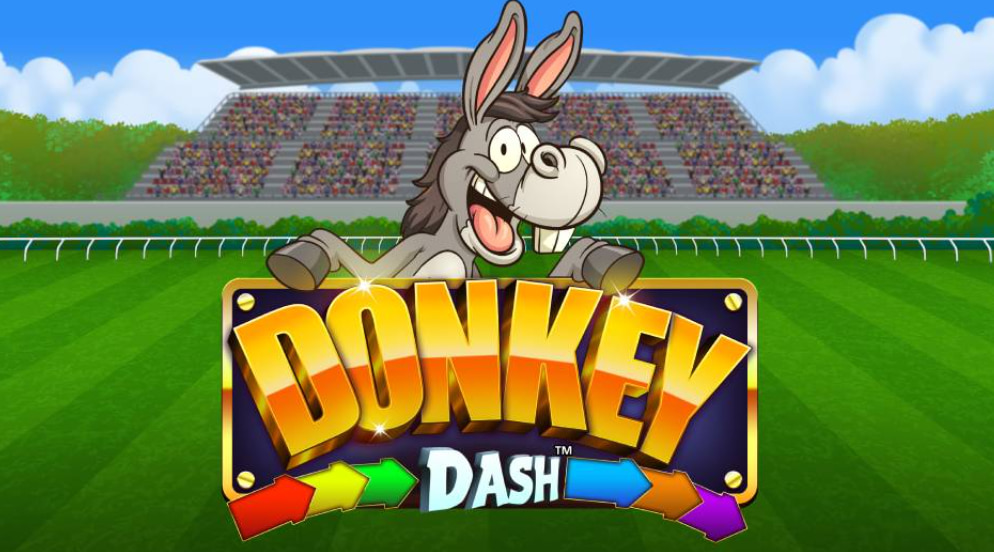A cheerful donkey mascot appearing above the title screen for the Donkey Dash arcade-style casino game