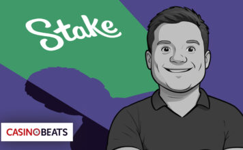 Illustration of Stake.com founder with company logo in background