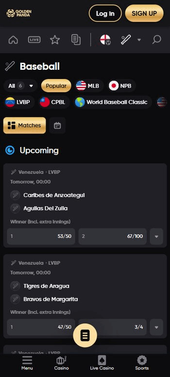 Golden Panda Baseball Match Winner Odds