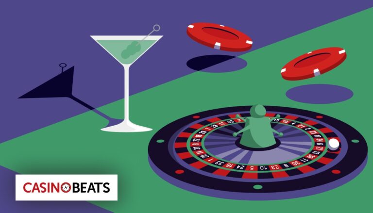 Colorful casino scene featuring slot machines and poker tables, capturing the excitement of gambling and entertainment.