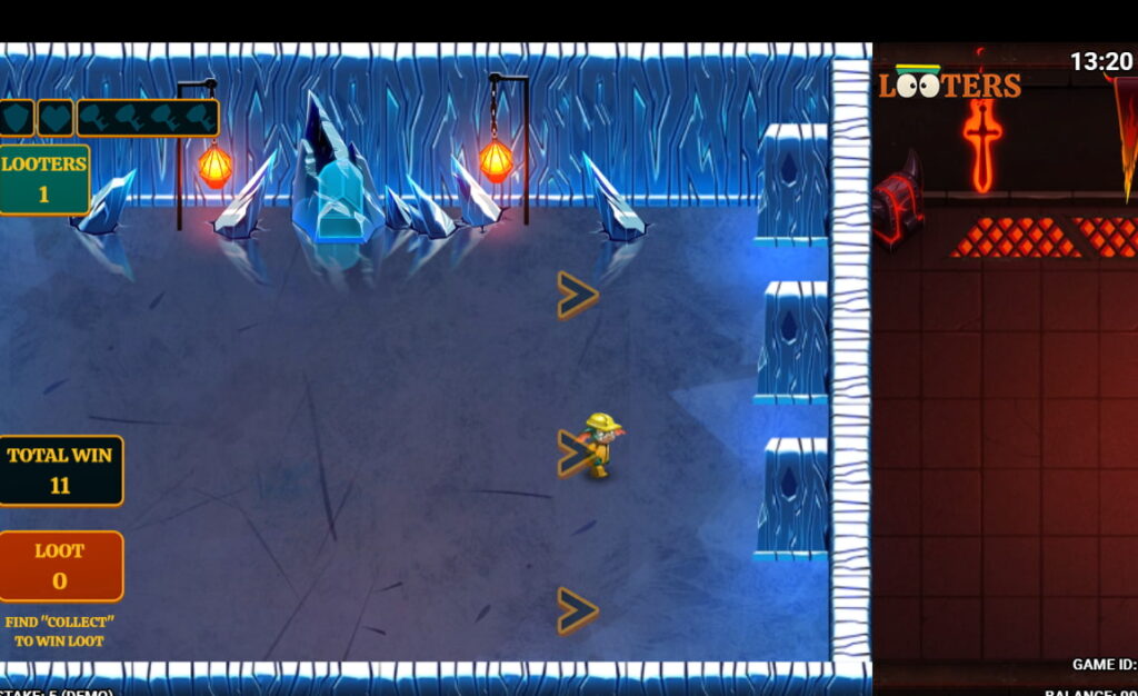 A dungeon-style scene where a character navigates icy hazards in the Looters arcade-style casino game