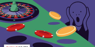 How the Casino Floor Alters Your Perception of Reality Illustration of a shocked figure beside a roulette table and poker chips representing gambling tension