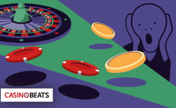 How the Casino Floor Alters Your Perception of Reality Illustration of a shocked figure beside a roulette table and poker chips representing gambling tension