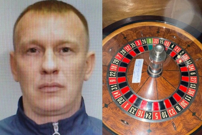 The suspected underground casino kingpin Maxim Cherepanov (left) and a photograph taken at an illegal betting den in Siberia.