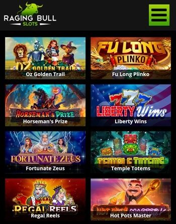 Raging Bull 20 dollar deposit casino games selection on mobile