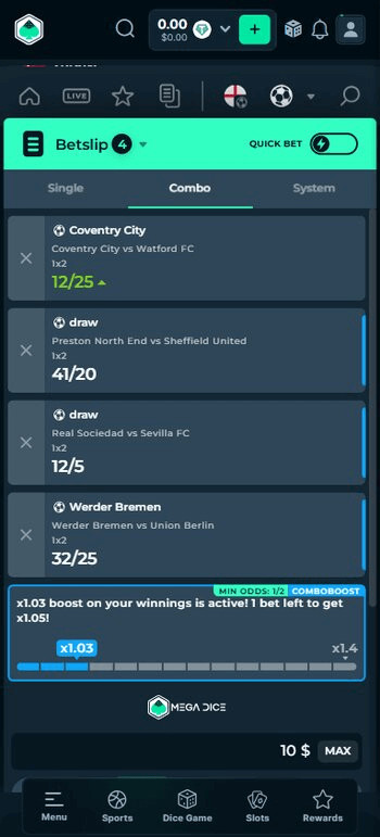 MegaDice Sports Betting Betslip