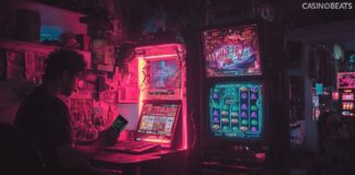 A guy holding Neosurf voucher and playing a slot game