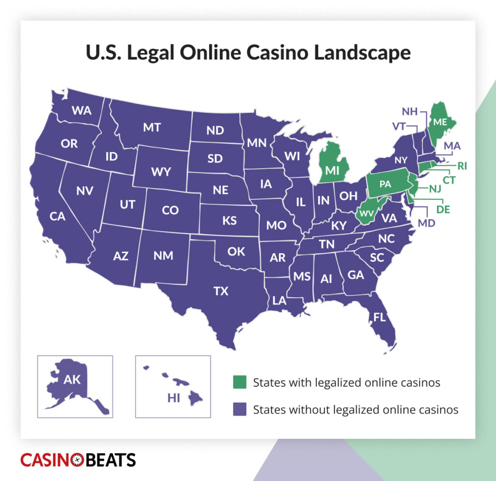 Map of the U.S. highlighting states with legalized online casinos in green: New Jersey, Pennsylvania, Michigan, West Virginia, Delaware, and Connecticut