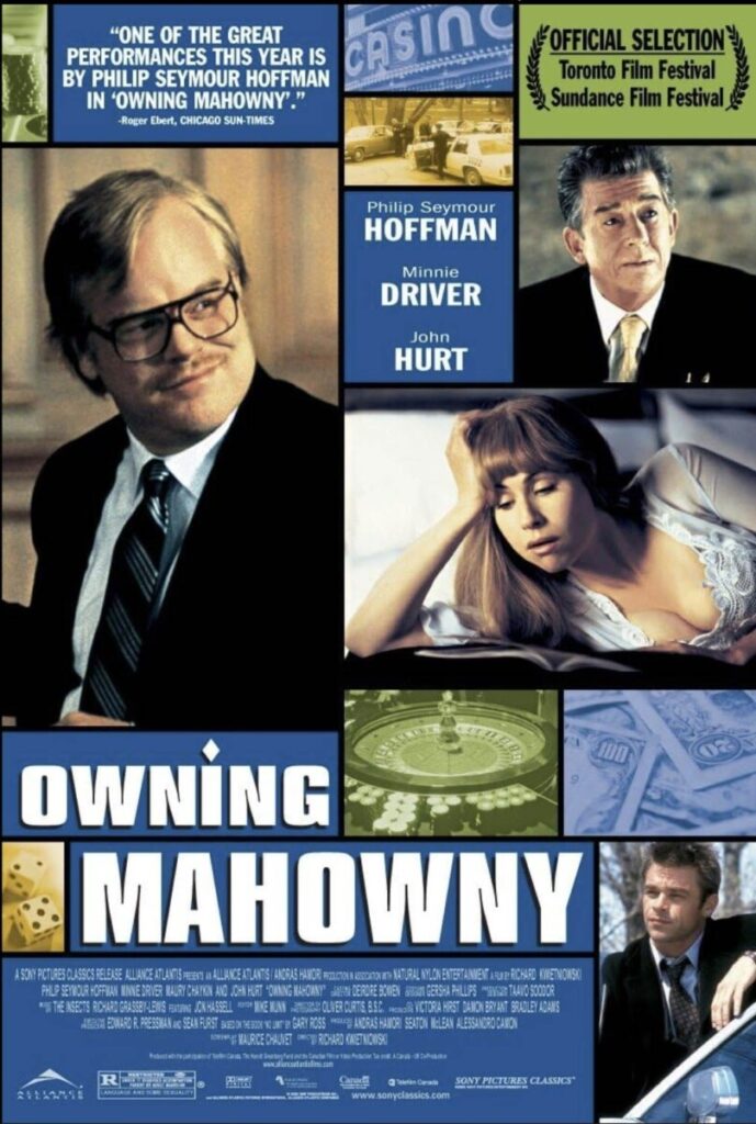 Blue collage poster featuring Dan Mahowny (Philip Seymour Hoffman) in glasses, Belinda (Minnie Driver) reclining, and Victor Foss (John Hurt), with roulette and cash imagery around the title.