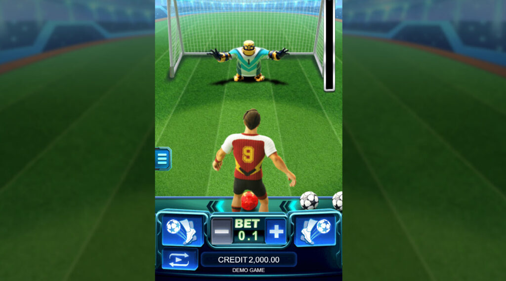 A football mini-game scene where a player aims a penalty shot in an arcade-style casino game