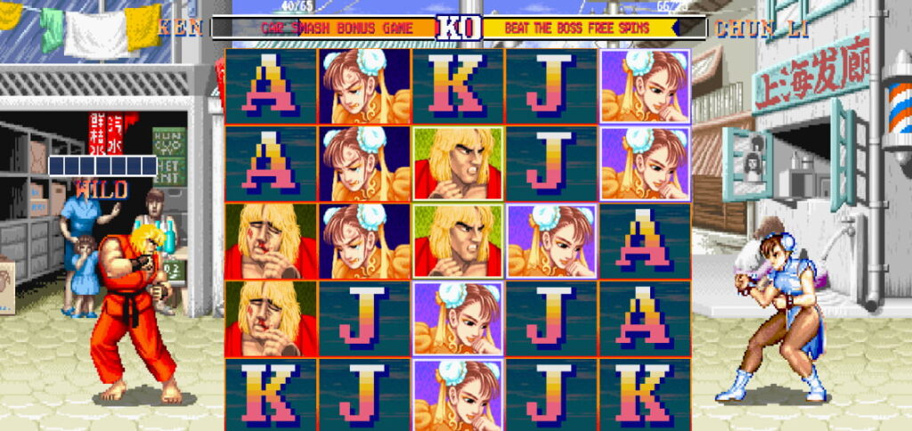 A retro-style slot screen featuring classic Street Fighter II characters integrated into the arcade-style casino gameplay